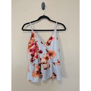 Daytrip Blue Pink Orange Floral Peplum Spaghetti Strap V Neck Top Sz S Summer